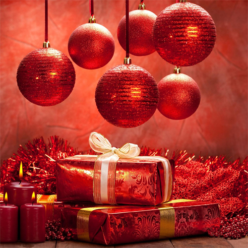ipad 3 Red Christmas Balls and Gifts Background